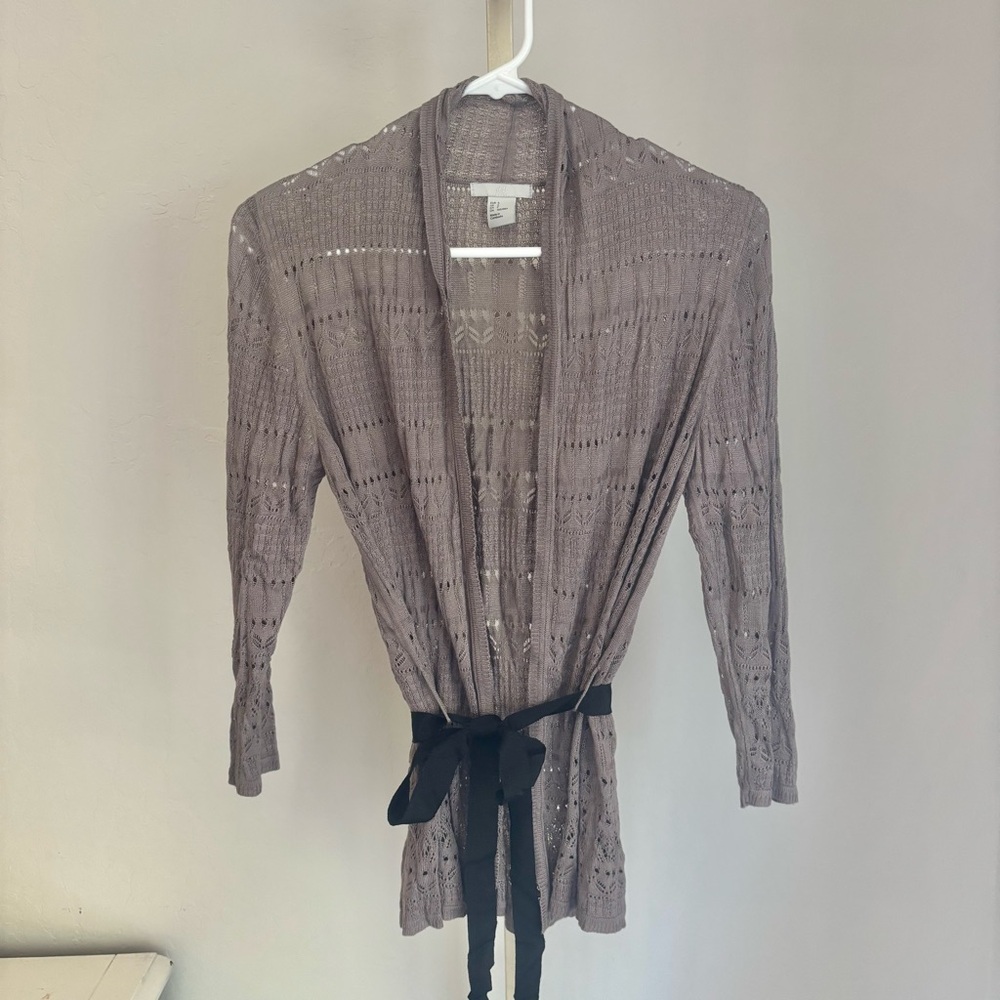 H&M Taupe Open Knit Tie Front 3/4 Sleeve Cardigan, S